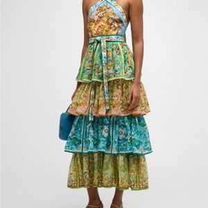 Alemais Dreamer Halter Tiered Cross-Back Linen Midi Dress. Size 8 US 12 UK/AUS
